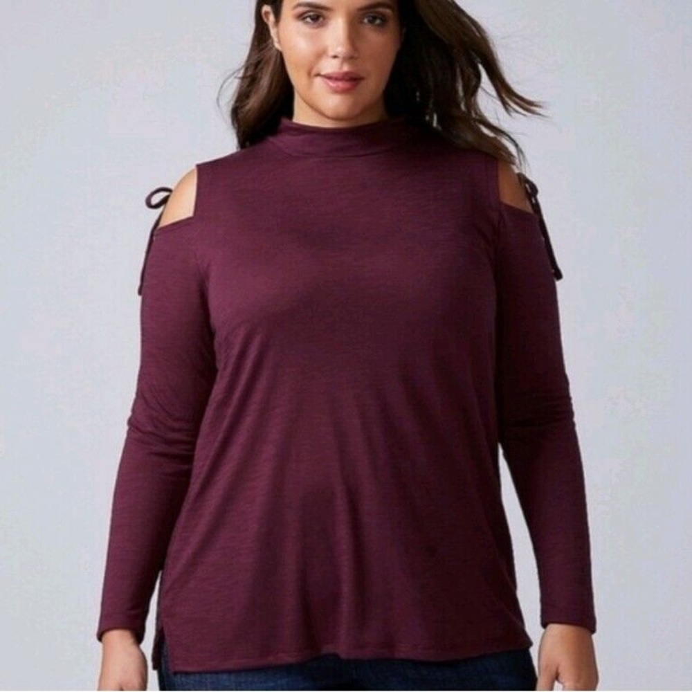 Lane Bryant purple wine colored Long Sleeve Cut Out cold shoulder Blouse